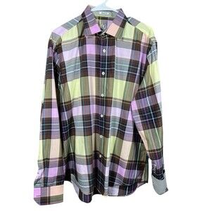Bugatchi‎ Uomo Mens L Shirt Button Front Purple 100% Cotton Plaid Embroidered
